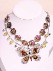 1 件奢华优雅花卉蝴蝶吊坠项链，带水钻，时尚珠宝，女士礼物 - 查看 3