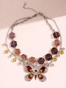 1 件奢华优雅花卉蝴蝶吊坠项链，带水钻，时尚珠宝，女士礼物 - 查看 4