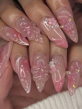 1 Set Of 24Pcs Almond Shaped Press-On Nails With 3D Flower & Butterfly Design, Suitable For All Women, For Party, Celebration, And Daily Wear, Comfortable, Easy To Use, Long-Lasting Shine, Comes With Jelly Gel And Nail File Nail Supplies Nails