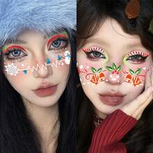 10 件圣诞脸部临时纹身，可爱多彩一次性脸部装饰，适合节日派对 - 彩色 - 查看 2