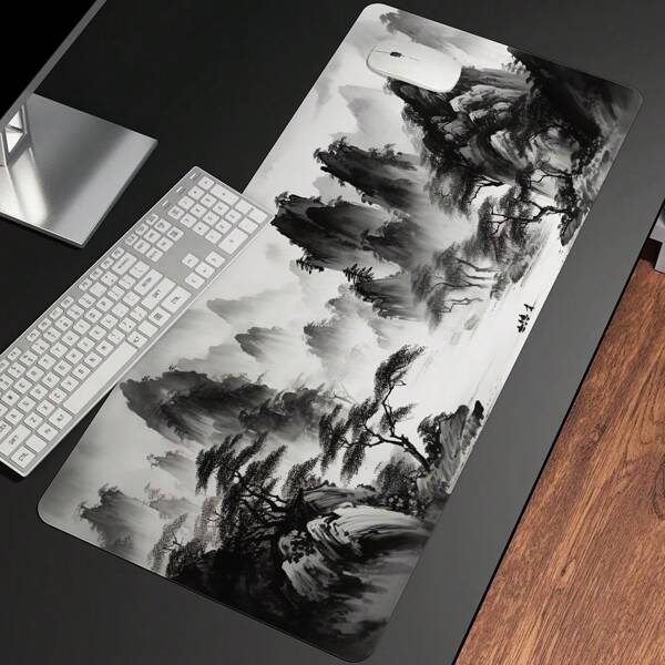 1pc Wash Painting Mouse Pad Cute Black White Landscape Desk Mat, XL Large Gaming Mousepad For Women Girl Gamer Office Desktop Decor Computer Laptop Keyboard Mouse Mat , Art Desk Pad