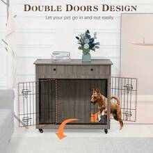 Dog Crate Furniture, Wooden Dog Crate End Table, 38.4 Inch Dog Kennel With 2 Drawers Storage, Heavy Duty Dog Crate, Decorative Pet Crate Dog Cage For Large Indoor Use (Rustic Brown/Grey) 38.4" L*23.2" W*35 - 灰色 - 查看 4