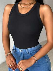 ChicMe 内置胸罩 无袖 罗纹针织背心 修身圆领 基本款上衣