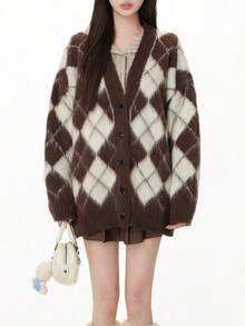 复古菱形图案前扣长袖宽松针织开衫、长袖上衣 - 咖啡棕 - 查看 4