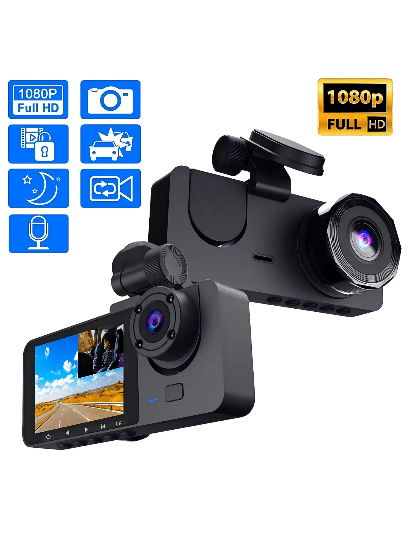 双镜头车载 DVR 行车记录仪，1080P 高清视频录制，双摄像头，2.0 英寸高清显示屏，170° 广角，循环录制，自动覆盖，清晰捕捉车辆的每个细节 - 查看 1