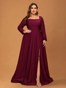 YISIKADO 女士大碼舞會晚禮服方領長袖長款連衣裙 - 酒紅色 - 查看 1