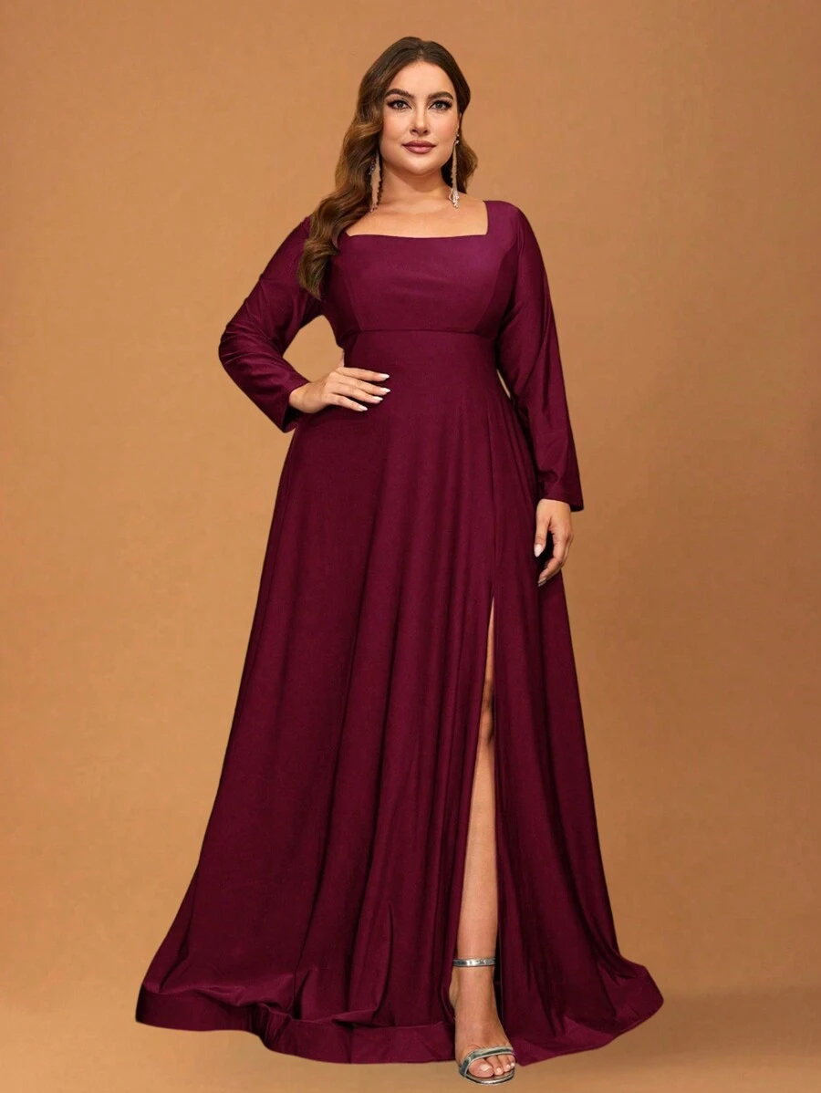 YISIKADO 女士大碼舞會晚禮服方領長袖長款連衣裙 - 酒紅色 - 查看 1