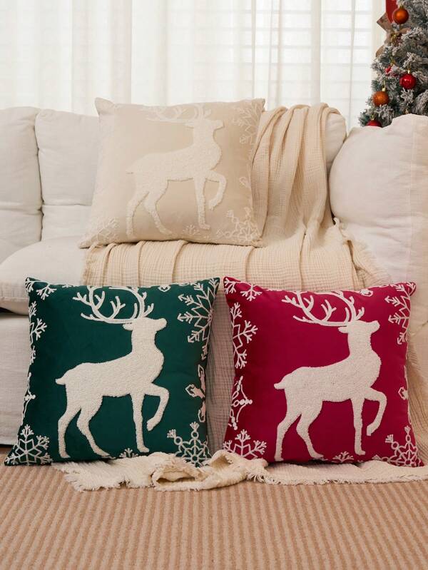 1 pieza Funda de cojín de reno navideño, Funda de almohada con copos de nieve, Funda de cojín decorativa navideña, Felpa suave bordada, Estilo tradicional, Para decoración navideña, Decoración de invierno, Almohadas decorativas para el hogar, Decoración de cama, Sala de estar, Funda de almohada para sofá, Regalo de Navidad.