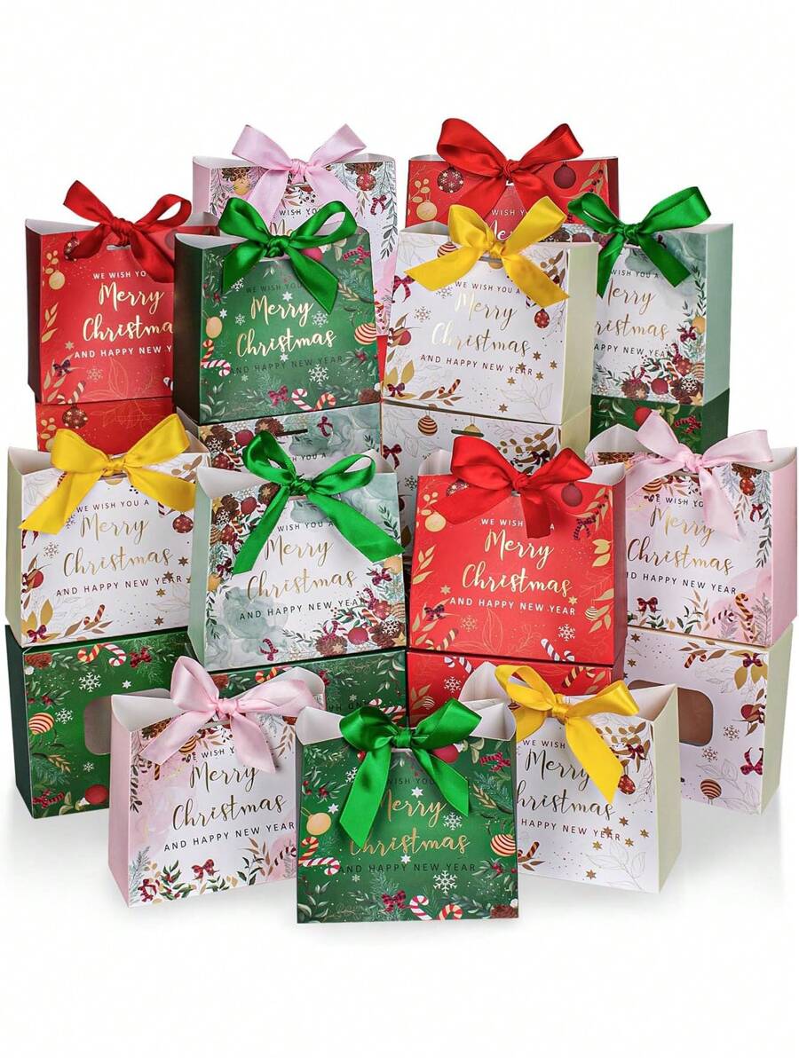 5pcs Christmas Gold Foil Gift Boxes With Ribbons, Suitable For Printing Pattern Decoration, Christmas Party Gift Packaging