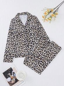 HOREA 2pcs/Set Leopard Print Texture Printed Women Loungewear Pajama Set, Long Sleeve Turndown Collar Top And Elastic Waist Loose Pants, Casual Pajamas And Home Wear For Ladies, All Season, Two Pieces Set, Fall Winter Clothes - Black - View 1