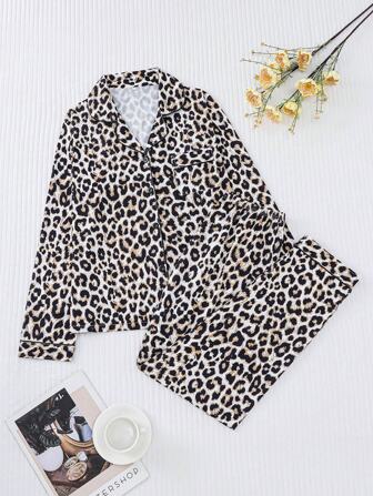 2 st/set leopardmönster, texturtryckt pyjamasset för kvinnor, långärmad topp med nedfällbar krage och lösa byxor i midjan, casual pyjamas och hemkläder för damer, året runt, tvådelat set, höst- och vinterkläder