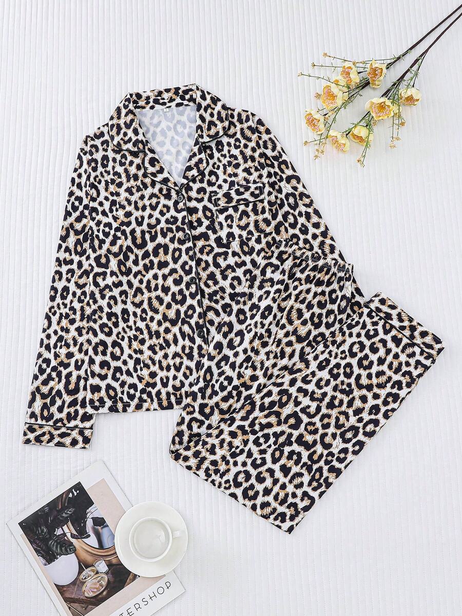 HOREA 2pcs/Set Leopard Print Texture Printed Women Loungewear Pajama Set, Long Sleeve Turndown Collar Top And Elastic Waist Loose Pants, Casual Pajamas And Home Wear For Ladies, All Season, Two Pieces Set, Fall Winter Clothes - Black - View 1