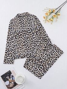 HOREA 2pcs/Set Leopard Print Texture Printed Women Loungewear Pajama Set, Long Sleeve Turndown Collar Top And Elastic Waist Loose Pants, Casual Pajamas And Home Wear For Ladies, All Season, Two Pieces Set, Fall Winter Clothes - Black - View 2