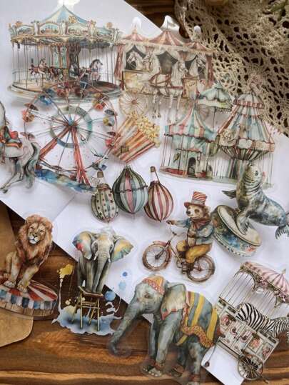15 pezzi/confezione Adesivi multiformato vintage, impermeabili, tema carino di animali e circo per diario, journal, fai da te, decorazione
