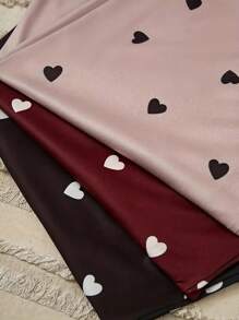 女士三件套睡衣，通体爱心印花，迷人蝴蝶结腰带，弹力面料，舒适家居服 - 彩色 - 查看 5