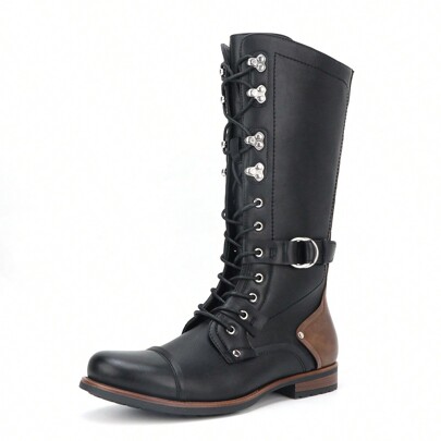Men's Black Combat Booties Fashion Punk Motorcycle Boots Leather Platform Ankle Boots Lace Up Side Zip Adjustable Buckle Lug Sole Non-Slip