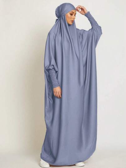 1pc Women Hijab Polyester Casual Elegant Loose Long Robe With Gathered Cuffs, Solid Color Abaya For Women, Suitable For All Seasons, Daily Wear & Prayer Headband