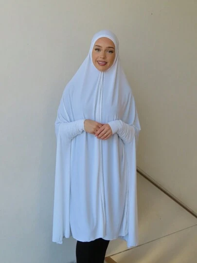 1pc Women's Abaya Accessory, Solid Color Soft Plus Size, Chin Covering, Prayer Headscarf, With Sleeves