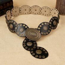 1 件女士时尚波西米亚风格 PU 仿皮圆扣腰带，适合日常穿着夏季、秋季、万圣节 - 黑色 - 查看 3