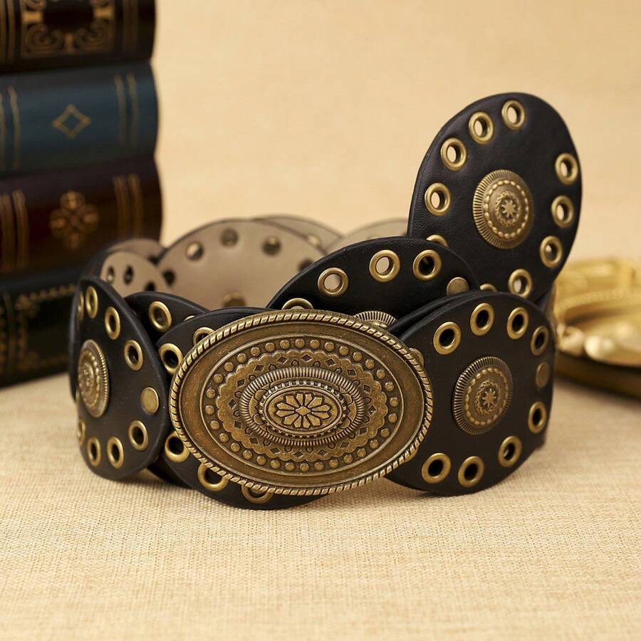 1 件女士时尚波西米亚风格 PU 仿皮圆扣腰带，适合日常穿着夏季、秋季、万圣节