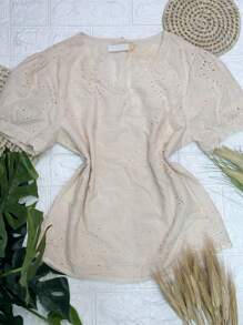 Women's Blouse In Lined With Embroidery FL-13335 - 米色 - 查看 1