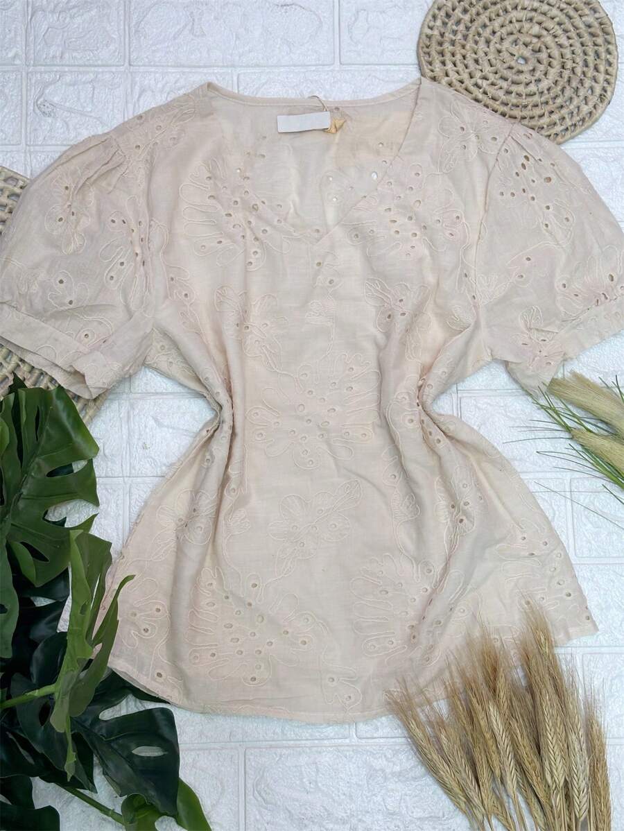 Women's Blouse In Lined With Embroidery FL-13335 - 米色 - 查看 1