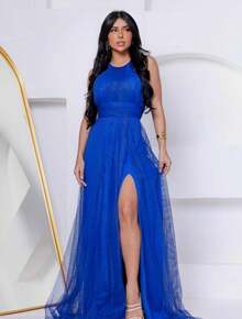 Dr Graduation Bridesmaid Dress With Slit Mint Green Olive Serenity Fuchsia Rose Navy Marsala Petrol Green Or Terracotta - Màu xanh lam - Xem 2