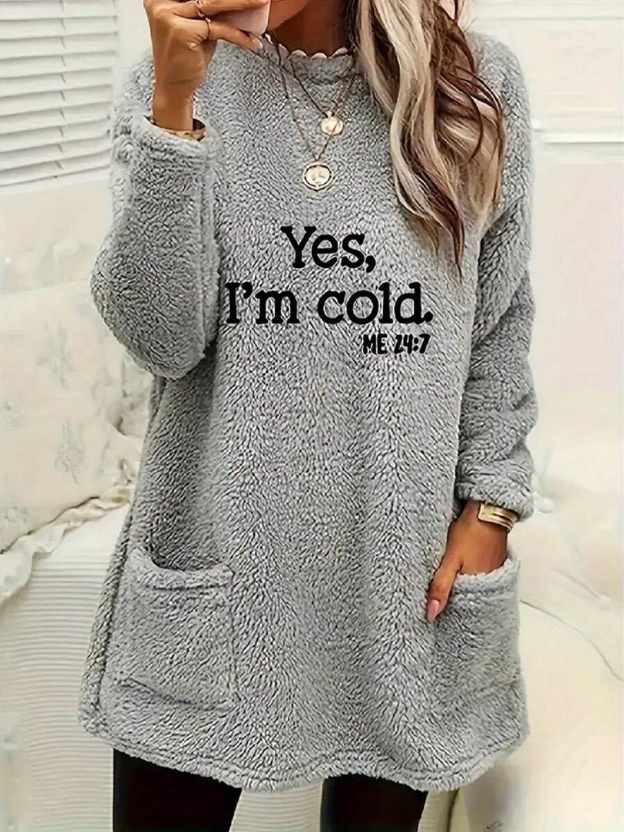 Plus Size Loose Fit Letter Print Pocket Crew Neck Plush Sweatshirt, Long Sleeve - Grey - View 1