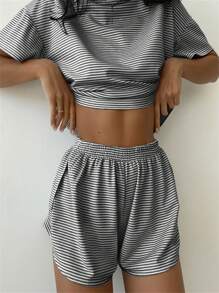 Knitted Striped Pajamas, Loose Short Sleeves, Slit Shorts Set, Fashionable Home Clothes, Women's Set, Can Be Worn Outside - màu đen - Xem 2