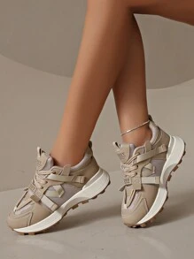 2024 New Women's Chunky Platform Sneakers, Khaki Color, Mesh & Suede Patchwork, All Season Breathable, Height Increasing