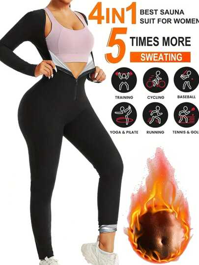 1pc 2024 New 4-In-1 Sauna Fitness Trainer Women Jumpsuit, Long Sleeve & Pants Slimming Jumpsuit With Zipper Waist Trainer Gym Accessories For Belly Slimming Girdles, Lumbar Girdles For Belly Slimming Corset