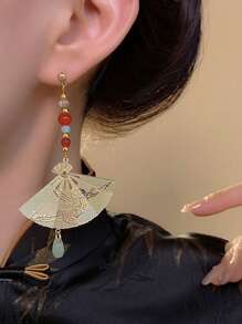 2 件时尚镂空扇形夹式耳环，中国复古几何风格无穿孔耳环 - 彩色 - 查看 3