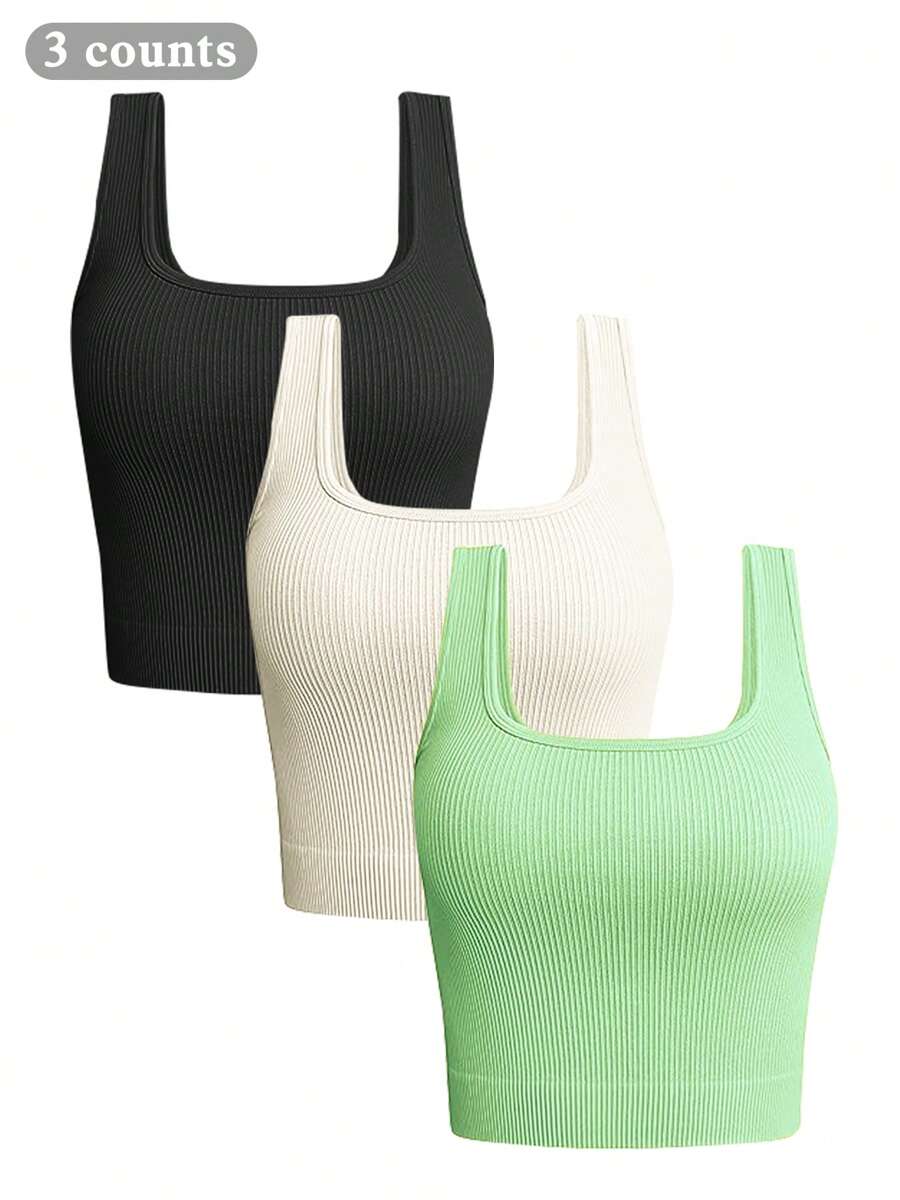 VVX 3 Piece Women's Tank Tops Ribbed Seamless Workout Exercise Shirts Yoga Crop Tops Sleeveless Square Neck Workout Top Summer Exercise Yoga Gym Shirts - 黑色/米色/綠色 - 查看 1