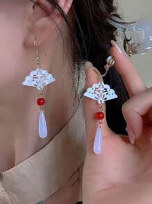 2 件时尚镂空扇形夹式耳环，中国复古几何风格无穿孔耳环 - 彩色 - 查看 2