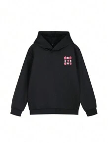 1pc Tween Girl Casual Heart Print Hooded Sweatshirt, Warm Thermal Lined Pullover Top For Autumn/Winter Students, Soft And Comfortable Sweatshirt Suitable For Cozy Moments - Black - View 3