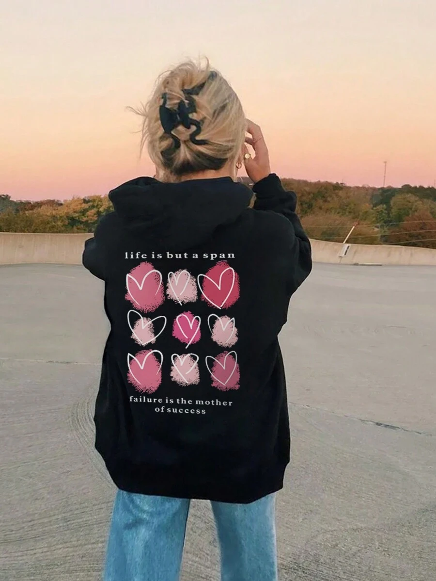 1pc Tween Girl Casual Heart Print Hooded Sweatshirt, Warm Thermal Lined Pullover Top For Autumn/Winter Students, Soft And Comfortable Sweatshirt Suitable For Cozy Moments - Black - View 1