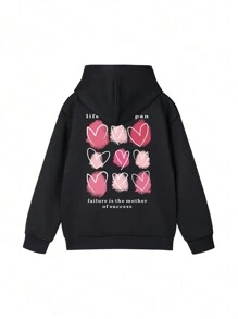1pc Tween Girl Casual Heart Print Hooded Sweatshirt, Warm Thermal Lined Pullover Top For Autumn/Winter Students, Soft And Comfortable Sweatshirt Suitable For Cozy Moments - Black - View 2