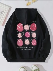 1pc Tween Girl Casual Heart Print Hooded Sweatshirt, Warm Thermal Lined Pullover Top For Autumn/Winter Students, Soft And Comfortable Sweatshirt Suitable For Cozy Moments - Black - View 4