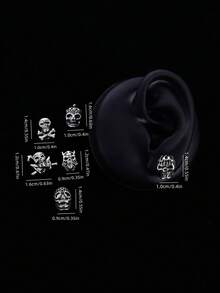 1 件不锈钢复古骷髅和骨头图案朋克风格男女通用耳钉，时尚高端身体穿孔耳环，适合日常佩戴 - 銀色 - 查看 9