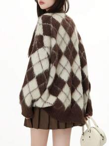 复古菱形图案前扣长袖宽松针织开衫、长袖上衣 - 咖啡棕 - 查看 2
