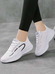 2025 秋季女式透气针织时尚运动鞋 - 休闲系带步行鞋，采用柔软 PVC 鞋底、织物鞋垫和衬里 - 轻便、舒适、圆头、低帮 - 四季耐磨运动鞋 - 白色 - 查看 3