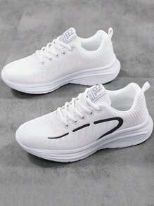 2025 秋季女式透气针织时尚运动鞋 - 休闲系带步行鞋，采用柔软 PVC 鞋底、织物鞋垫和衬里 - 轻便、舒适、圆头、低帮 - 四季耐磨运动鞋 - 白色 - 查看 5