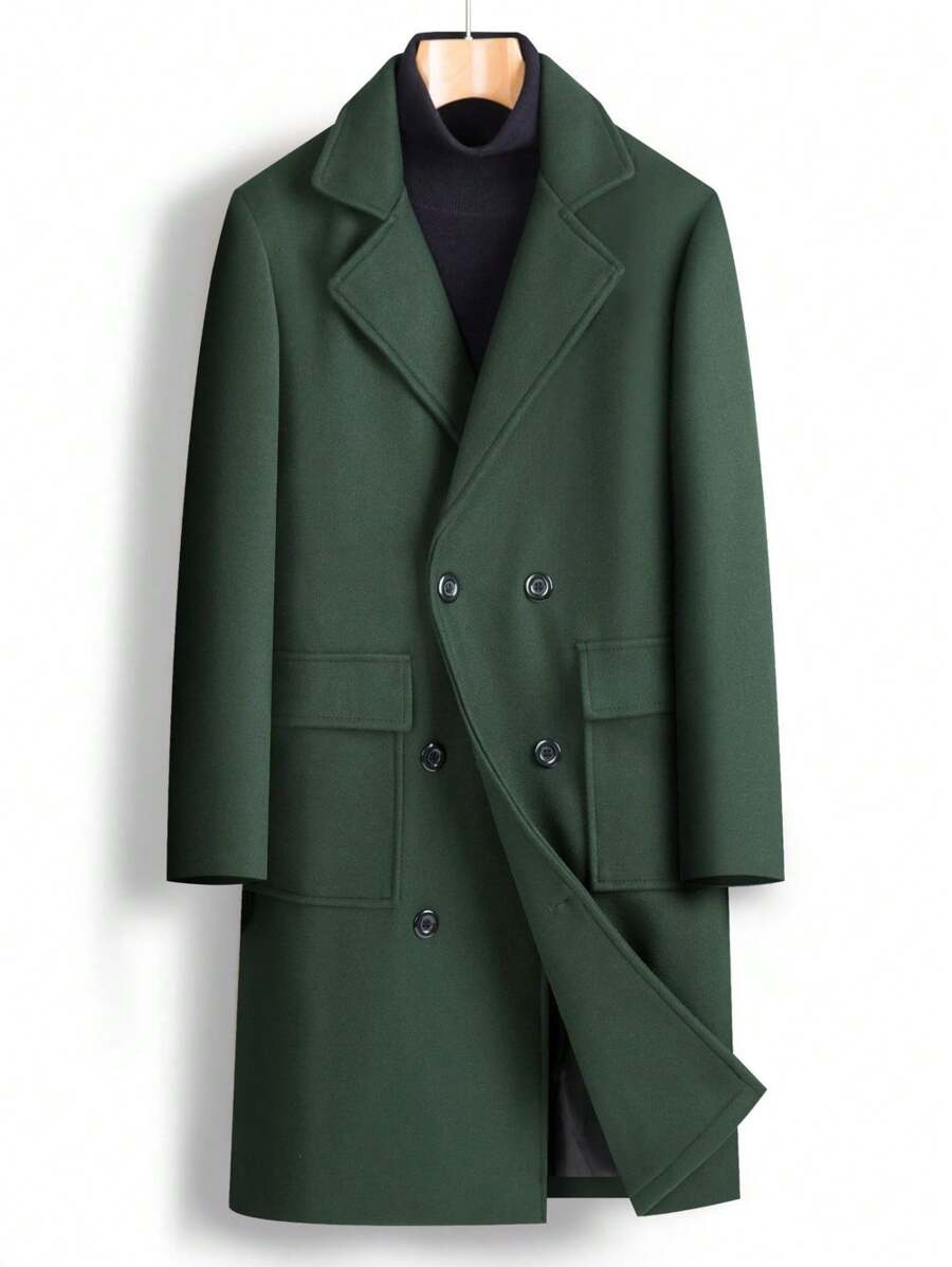 Men's Turndown Collar Mid-Length Coat, Double-Breasted Trench Coat