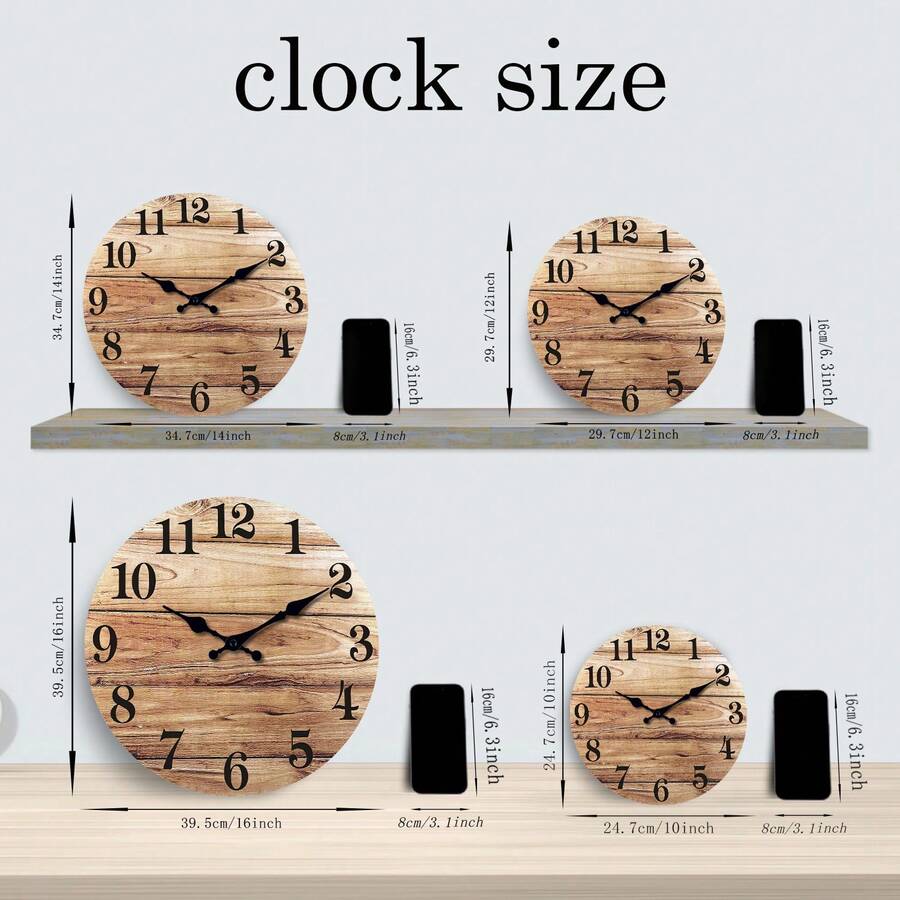 Silent Wall Clock, Rustic Wood Design, Round Analog