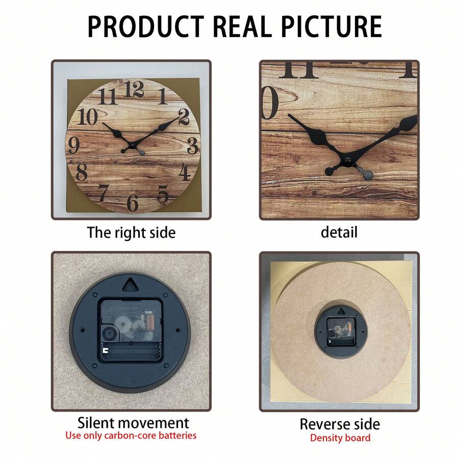 Silent Wall Clock, Rustic Wood Design, Round Analog