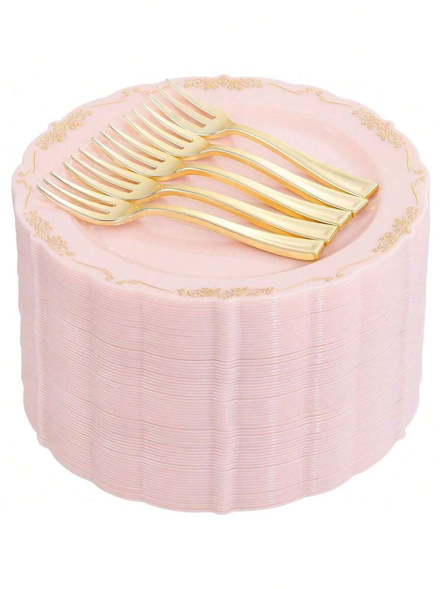 100 个粉红金甜点盘，100 个金色塑料叉，一次性蛋糕盘，金色蛋糕叉，开胃菜盘，新娘送礼会派对盘，适用于生日婚礼派对、节日、派对、圣诞派对圣诞装饰圣诞装饰品圣诞礼物和装饰装饰品 S - 粉色 - 查看 1