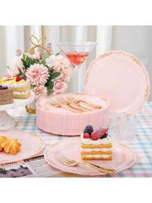 100 个粉红金甜点盘，100 个金色塑料叉，一次性蛋糕盘，金色蛋糕叉，开胃菜盘，新娘送礼会派对盘，适用于生日婚礼派对、节日、派对、圣诞派对圣诞装饰圣诞装饰品圣诞礼物和装饰装饰品 S - 粉色 - 查看 6