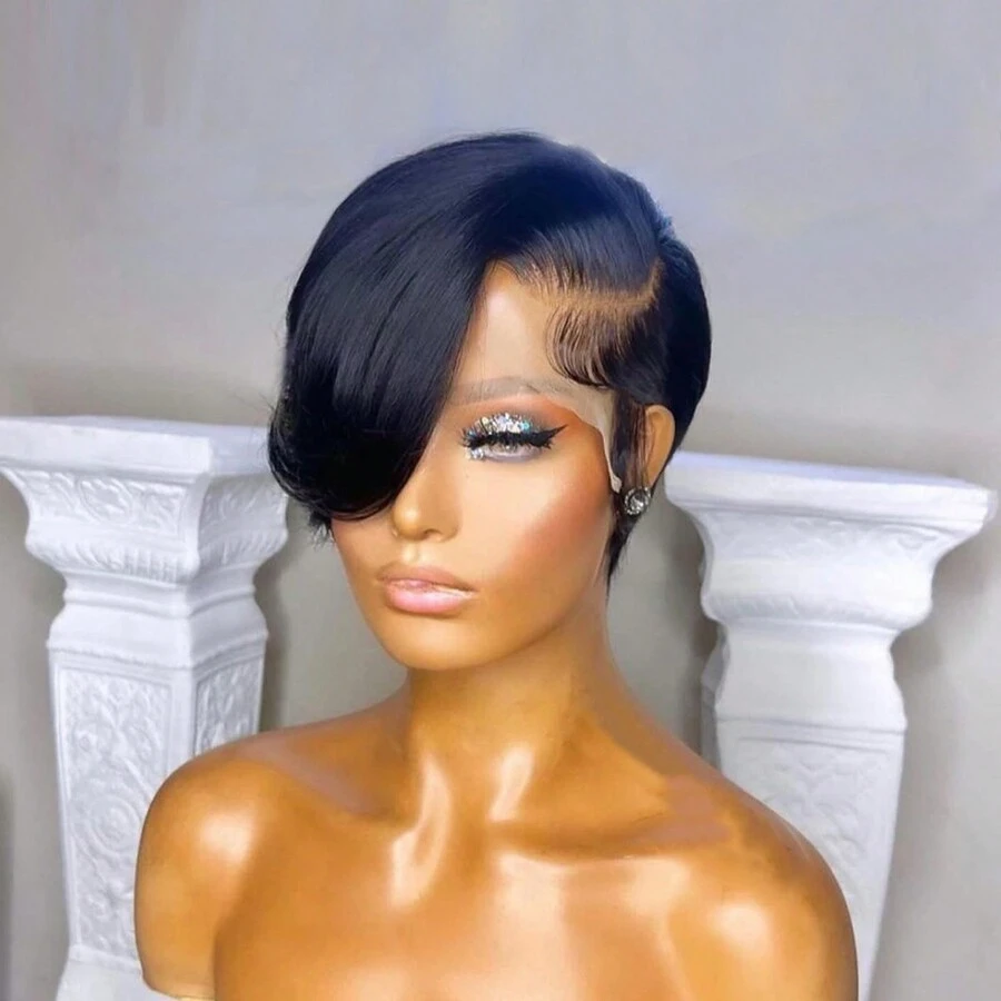 13*4*1 T-Part Lace Front Wig, Pixie Short Hair Wig, Human Hair Wig, 8 Inch Women's Glueless Bobbed Wig, Lace Front Short Layered Pixie Straight Hair Wig, Natural Black Short Pixie Hair Wig With Bangs, Side Part Pixie Short Hair Wig - Black - View 1