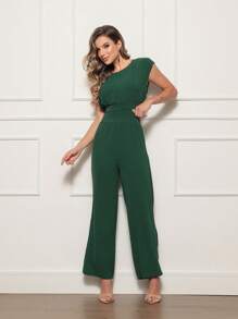 Check Out Women's Jumpsuit With Side Cutouts - Fabric Made In Duna Small Opening On The Back - Comfortable Casual - Màu xanh lá cây đậm - Xem 2