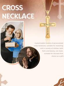 1pc 18k Gold Plated Stainless Steel Jewelry, Personalized Cross Necklace For Men,Custom Date&Name Necklace,Men's Cross Necklace For Dad,Christian Birthday Gift For Him,Gift For Dad, Includes Exquisite High-End Gift Box - Gold - View 4